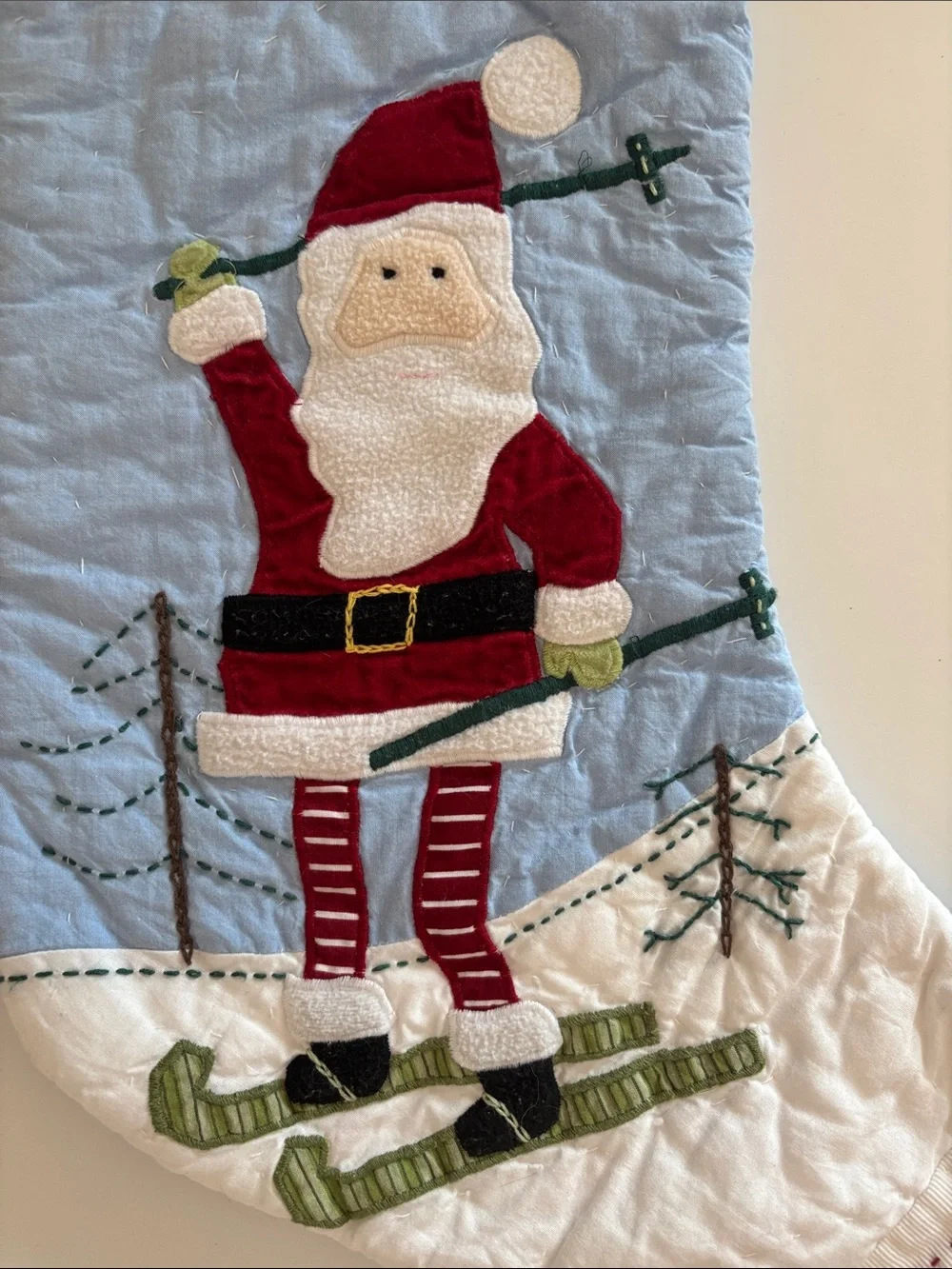 Pottery Barn “Rachel” Embroidered Santa Ski Holiday Stocking - Light Blue & Red